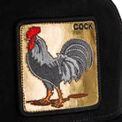 Embroidered patch of a rooster on a black background