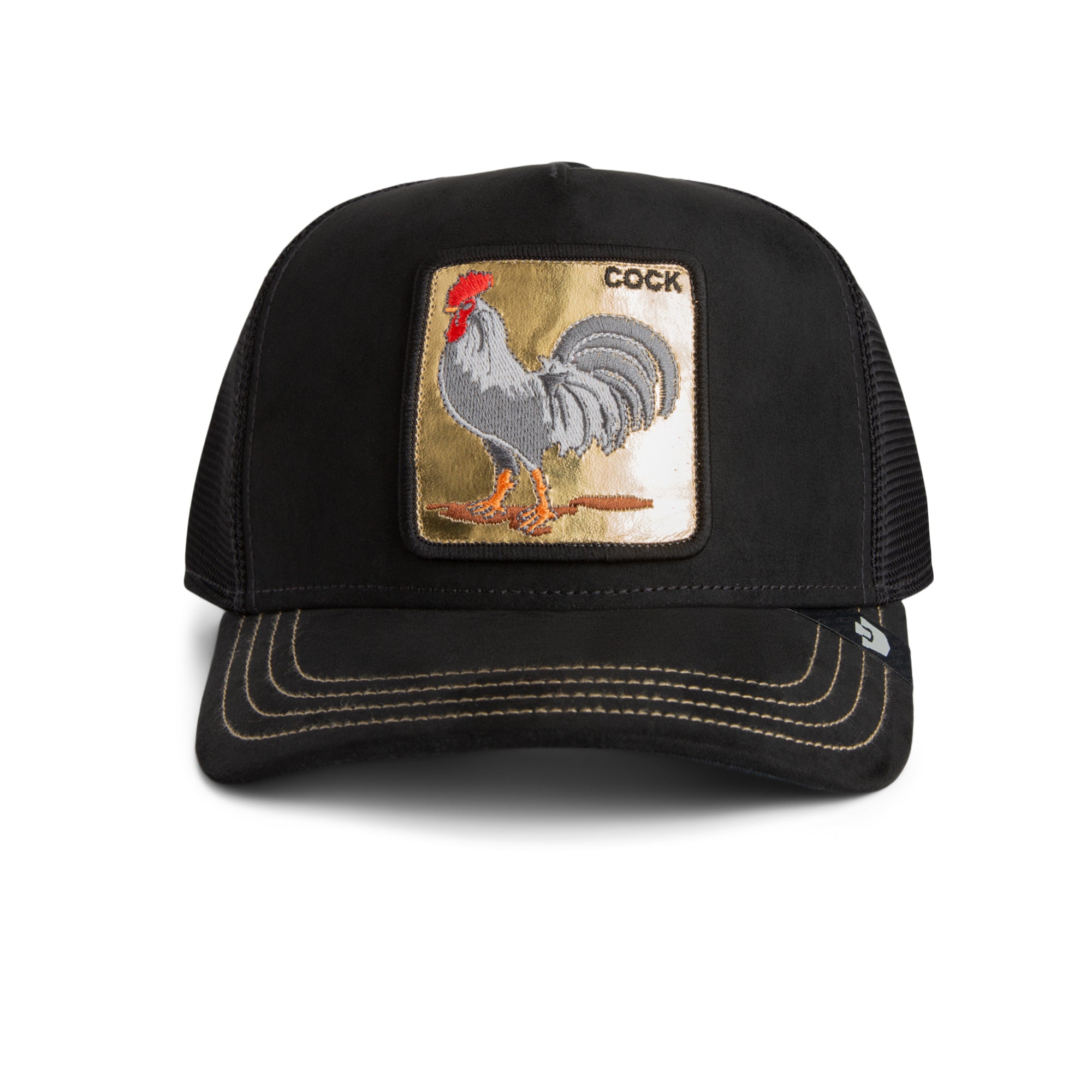 Black cap with rooster patch and 'COCK' text on a white background