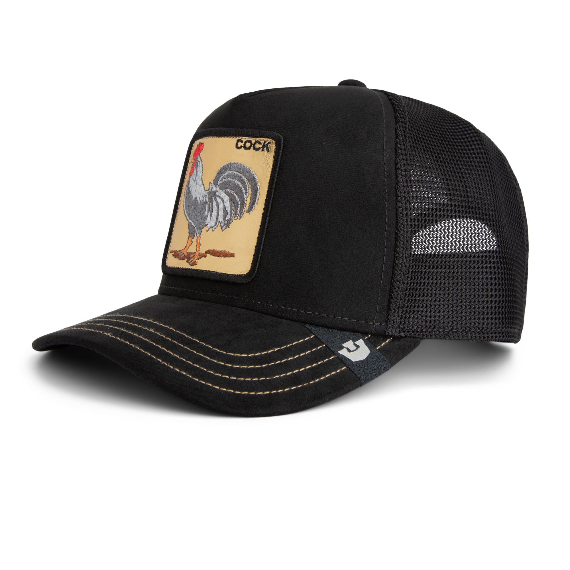 Black mesh cap with rooster patch on a white background