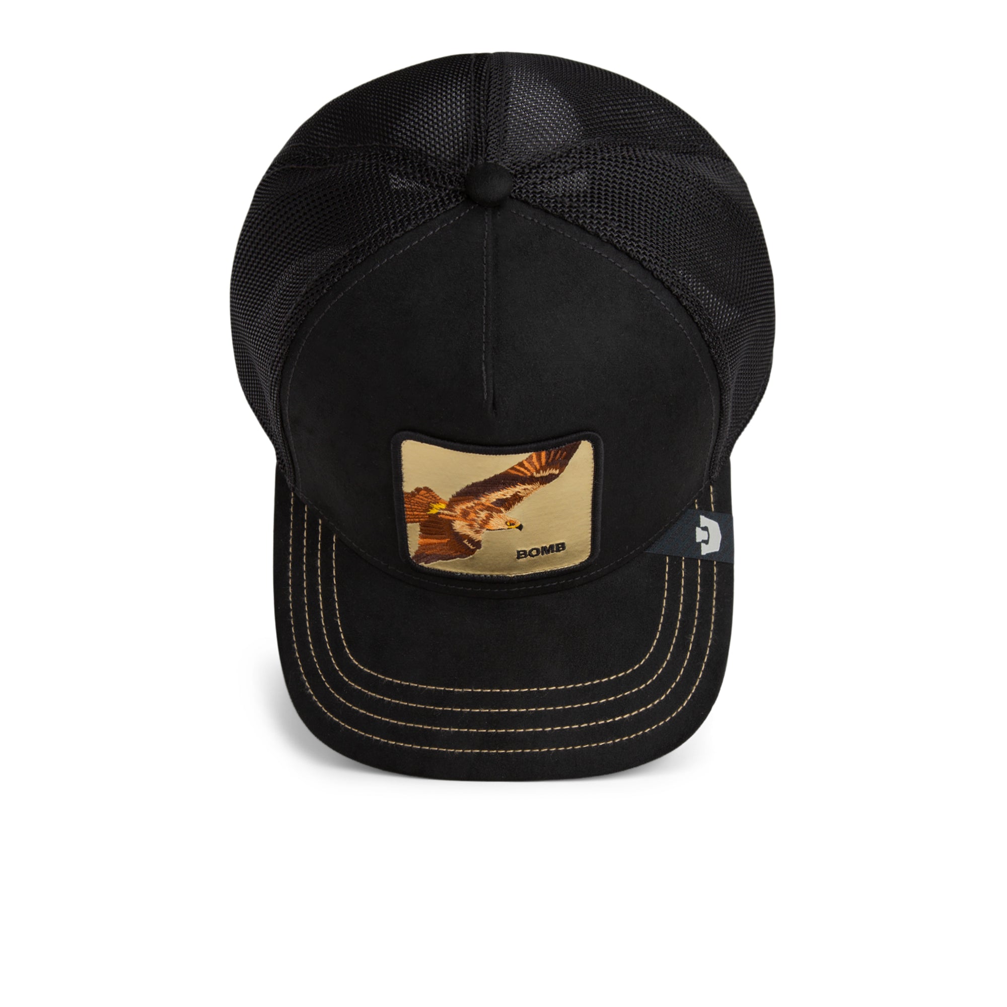 Black cap with an eagle emblem on a white background