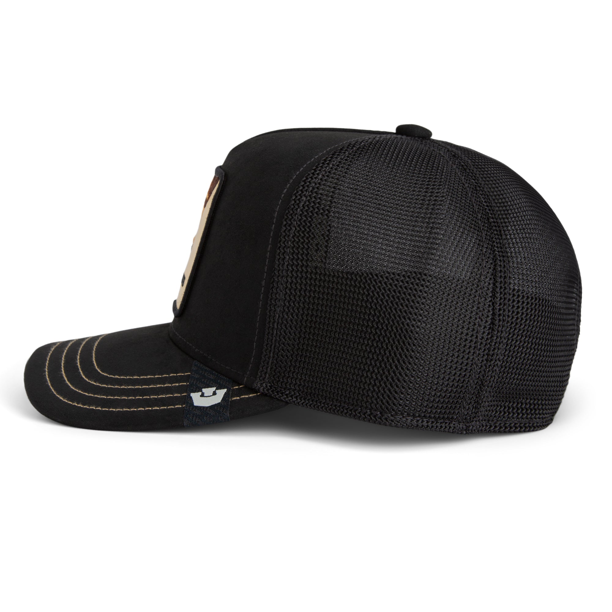 Black mesh cap with a brand logo on a white background