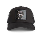 Black Goorin Bros trucker hat with mesh back featuring embroidered bull patch labeled RAGING on front panel
