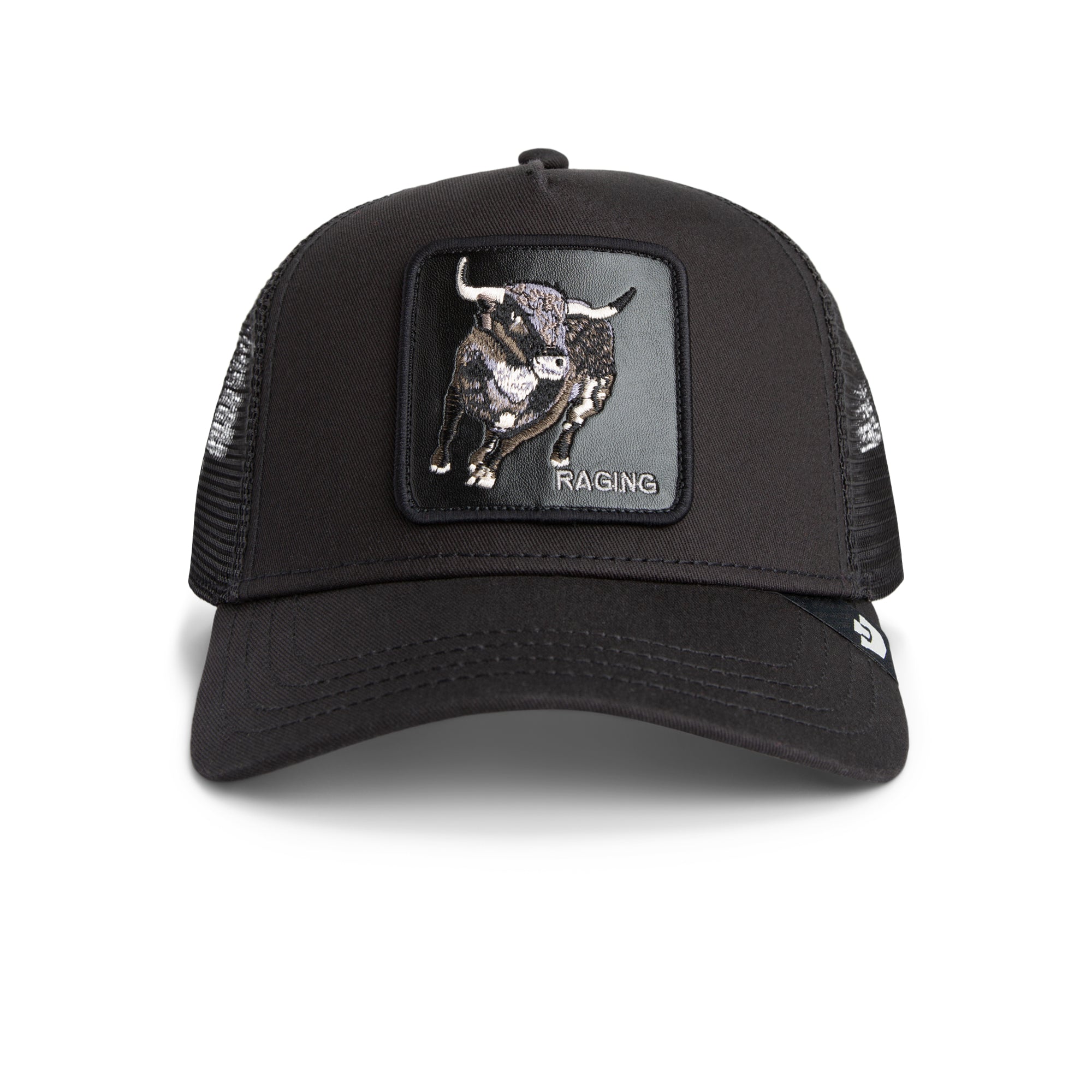 Black Goorin Bros trucker hat with mesh back featuring embroidered bull patch labeled RAGING on front panel
