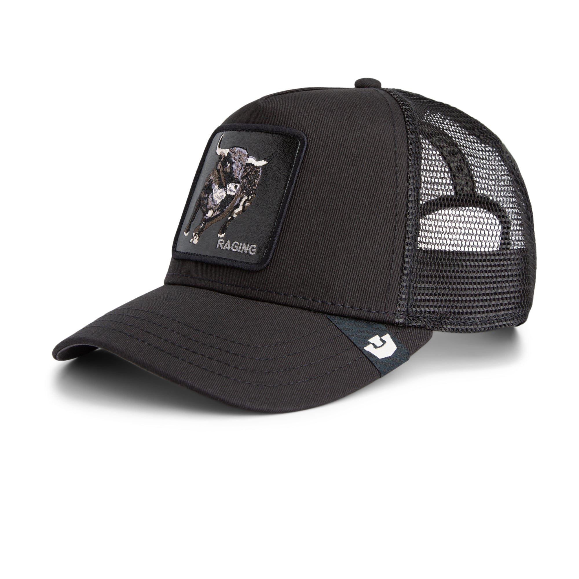 Black Goorin Bros trucker hat with mesh back featuring embroidered bull patch labeled RAGING on front panel
