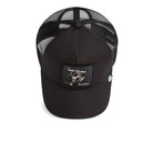 Black Goorin Bros trucker hat with mesh back featuring embroidered bull patch labeled RAGING on front panel

