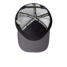Black Goorin Bros trucker hat with mesh back featuring embroidered bull patch labeled RAGING on front panel

