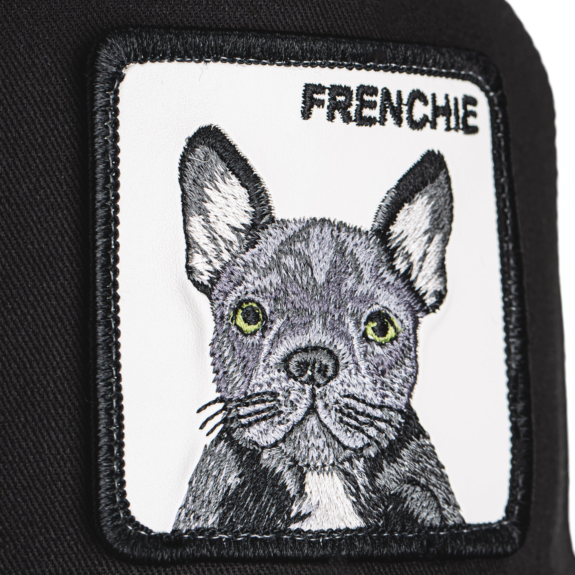 Goorin Bros Frenchie Bulldog Trucker Hat in black with embroidered French bulldog patch

