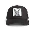 Goorin Bros Frenchie Bulldog Trucker Hat in black with embroidered French bulldog patch

