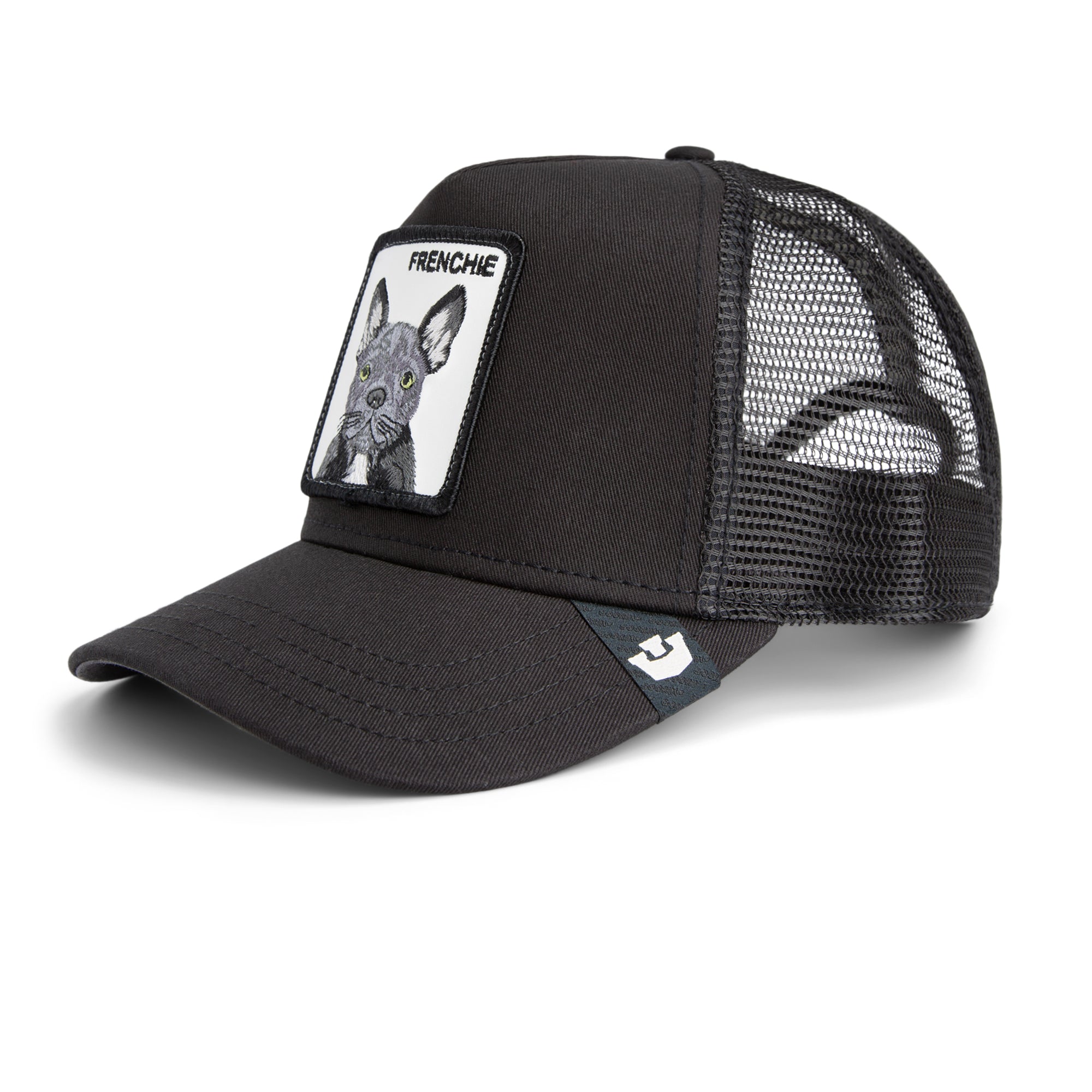 Goorin Bros Frenchie Bulldog Trucker Hat in black with embroidered French bulldog patch
