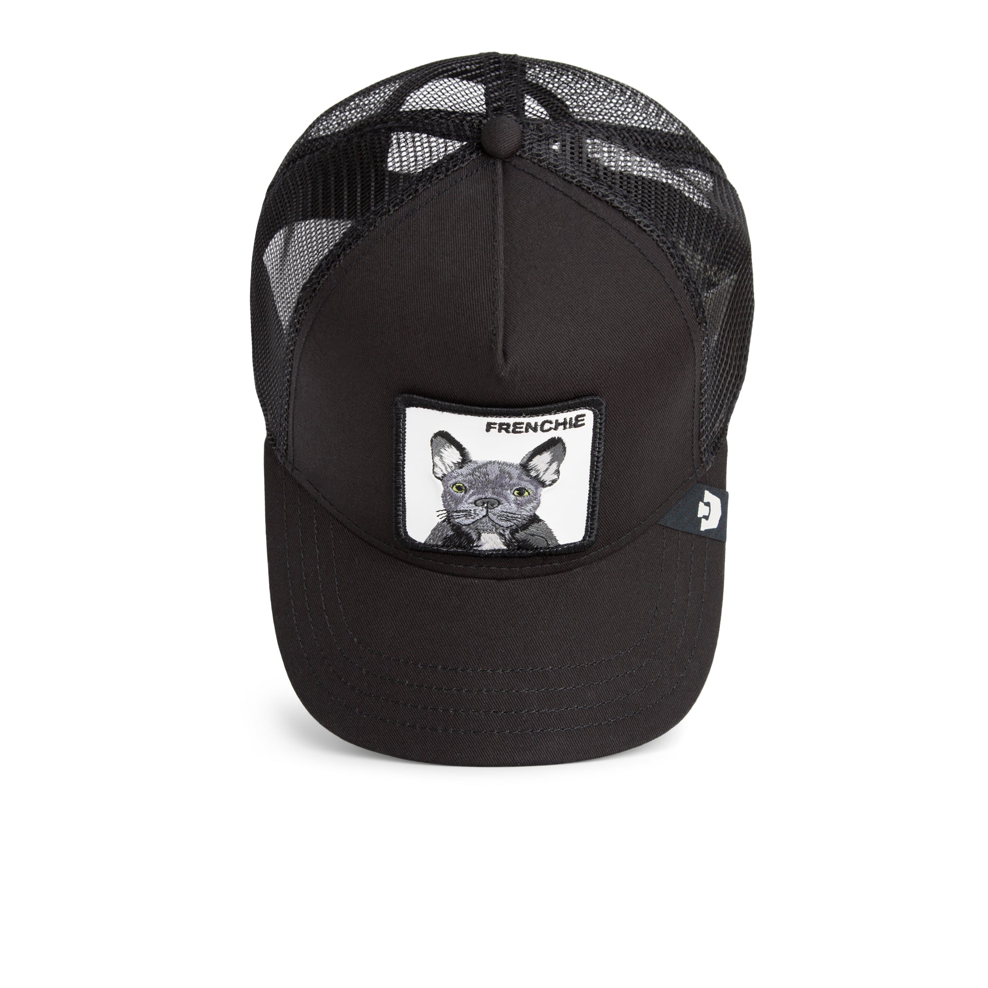 Goorin Bros Frenchie Bulldog Trucker Hat in black with embroidered French bulldog patch
