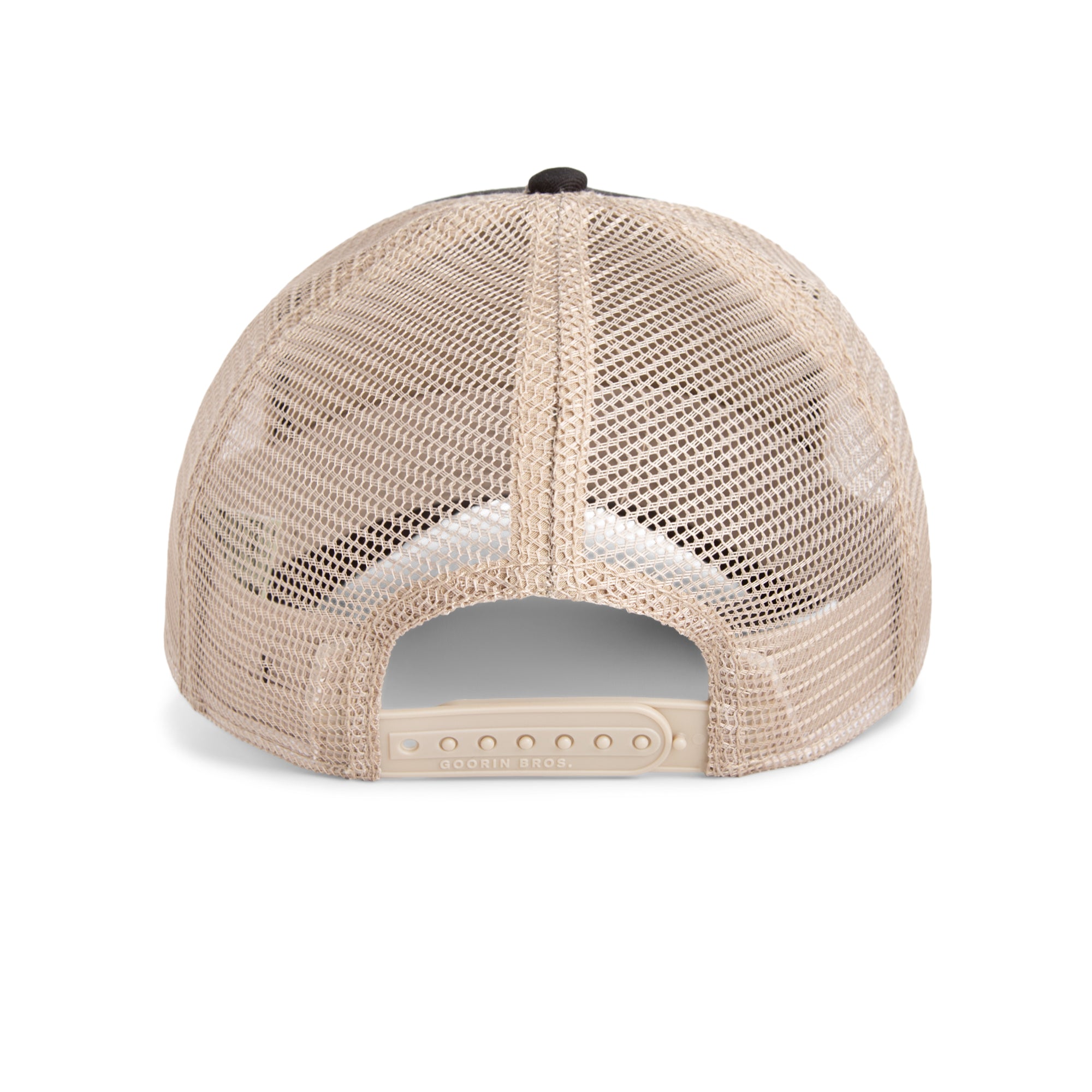 Black and beige Goorin Bros trucker hat with mesh back featuring embroidered Rottweiler patch labeled BAD BOY on front panel
