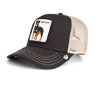 Black and beige Goorin Bros trucker hat with mesh back featuring embroidered Rottweiler patch labeled BAD BOY on front panel
