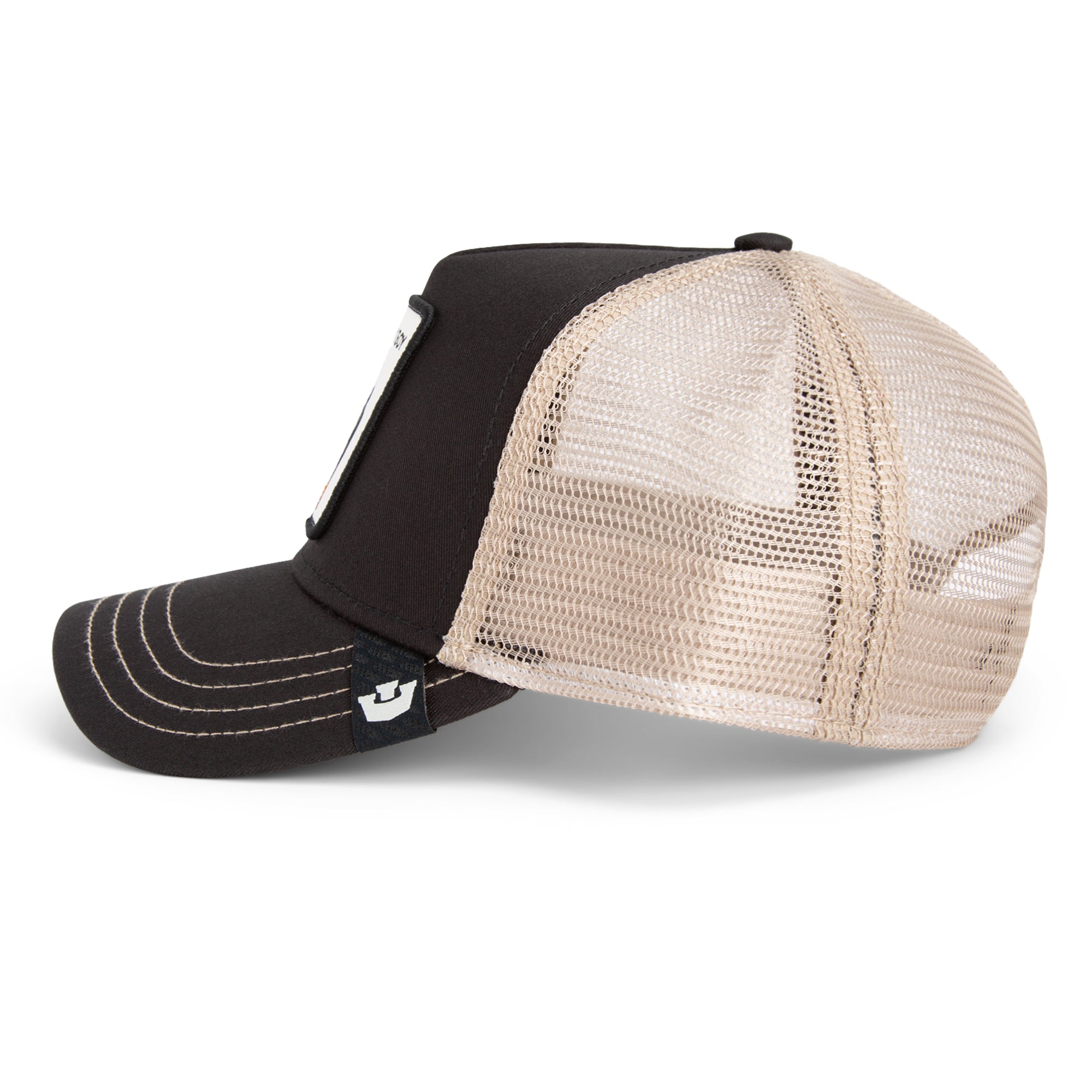 Black and beige Goorin Bros trucker hat with mesh back featuring embroidered Rottweiler patch labeled BAD BOY on front panel

