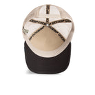 Black and beige Goorin Bros trucker hat with mesh back featuring embroidered Rottweiler patch labeled BAD BOY on front panel
