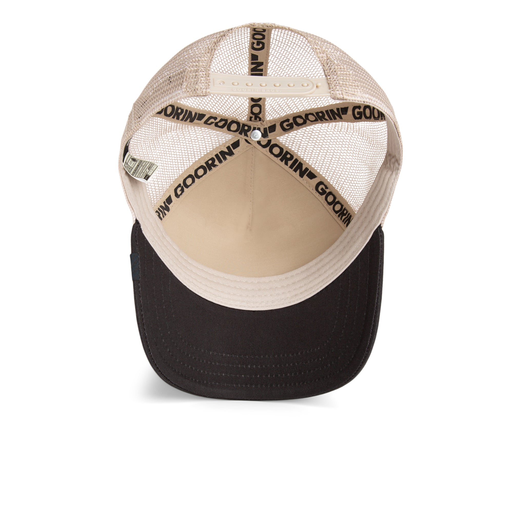 Black and beige Goorin Bros trucker hat with mesh back featuring embroidered Rottweiler patch labeled BAD BOY on front panel
