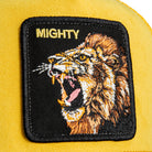 Yellow mesh back trucker hat with Mighty lion animal patch