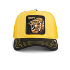 Yellow suede Goorin Bros trucker hat with Mighty lion patch