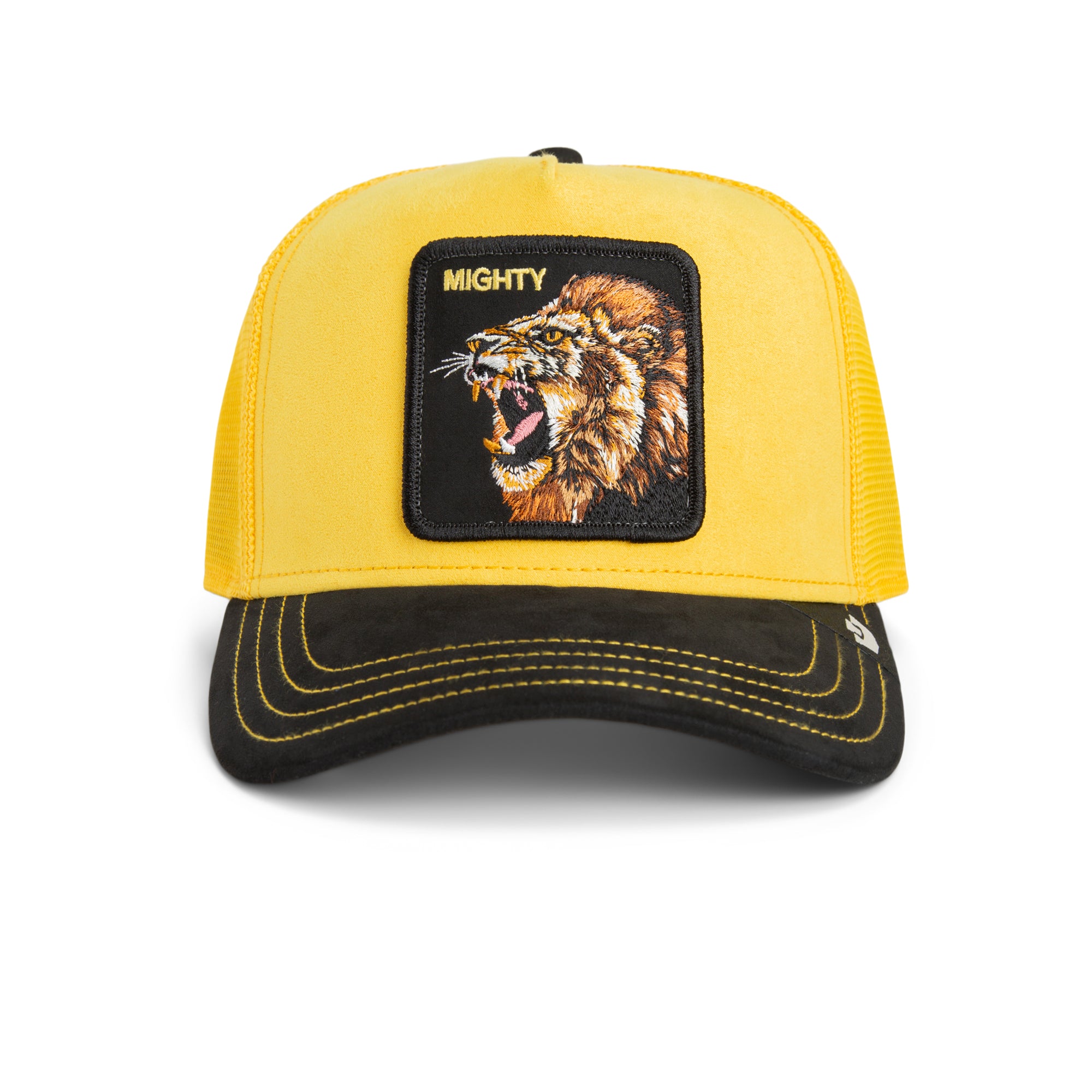 Yellow suede Goorin Bros trucker hat with Mighty lion patch