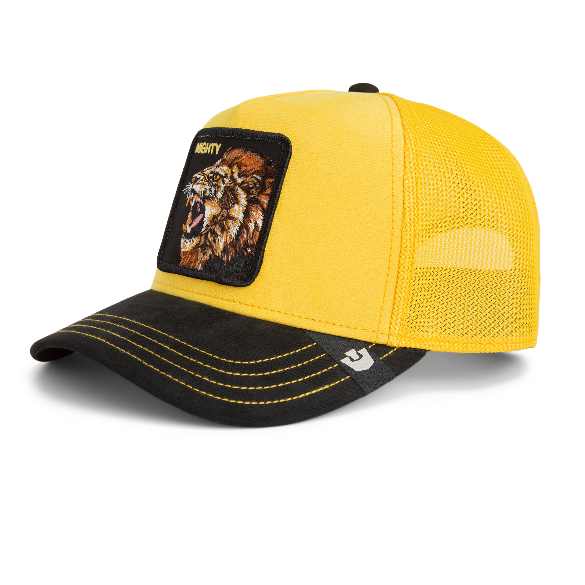 Suede front yellow trucker cap featuring embroidered roaring lion