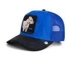 Royal blue mesh back trucker hat with embroidered bulldog patch