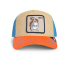 Beige, blue, and orange Goorin Bros trucker hat with corduroy front featuring embroidered squirrel patch labeled NUTS on front panel
