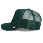 Dark green trucker cap with mesh back featuring embroidered pigeon patch labeled HOMIE on front panel
