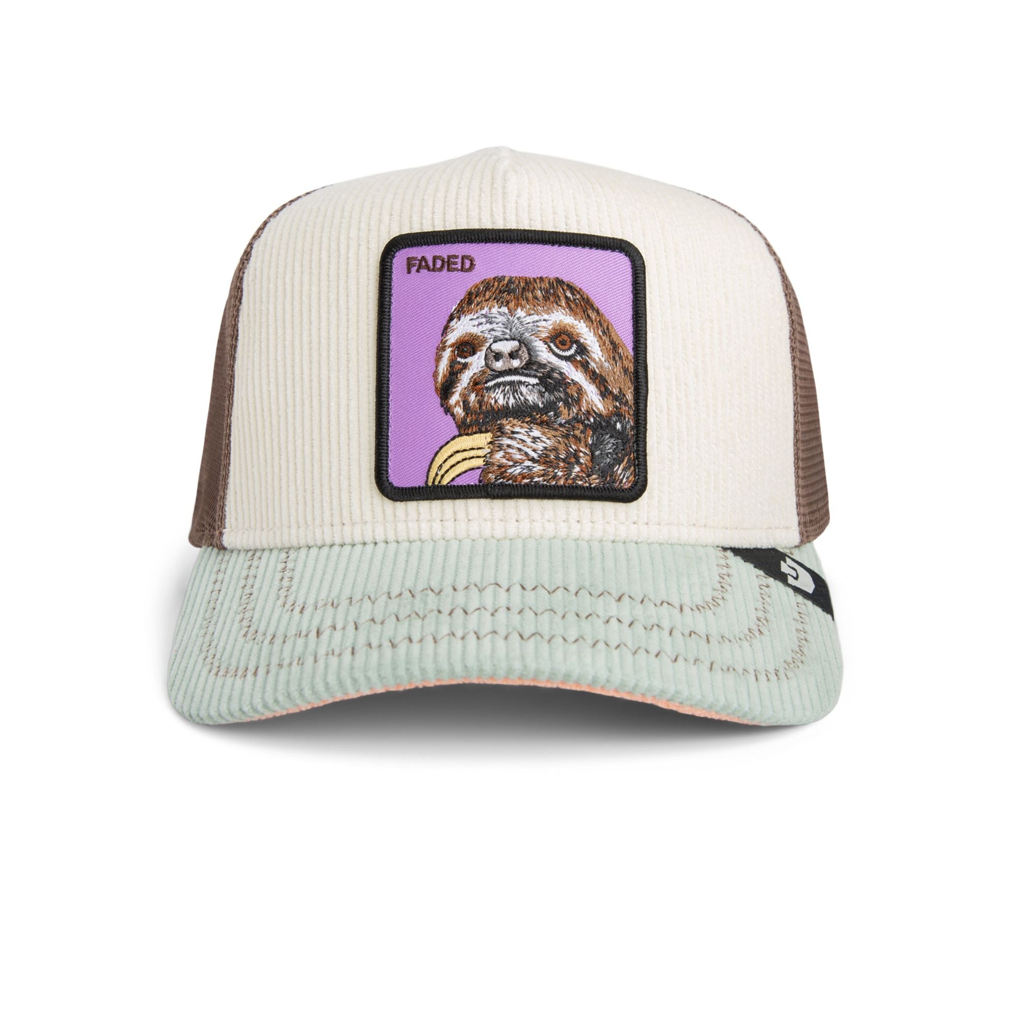 Goorin Bros Faded Sloth Trucker Hat in cream and brown corduroy with embroidered sloth patch
