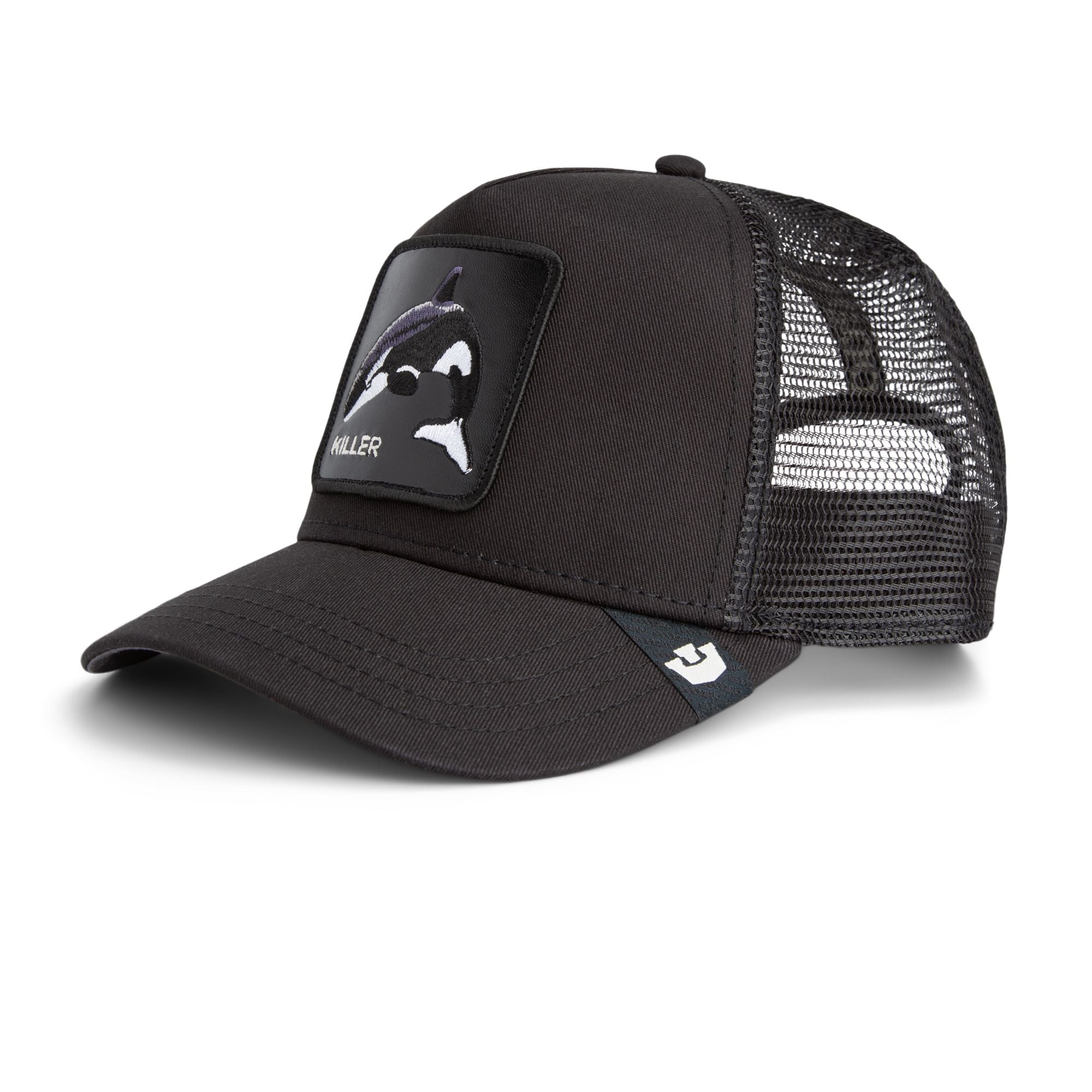 Goorin Bros Killer Whale Trucker Hat in black with embroidered orca patch
