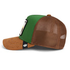 Goorin Bros Busy Bee Trucker Hat in green and brown corduroy with embroidered bee patch
