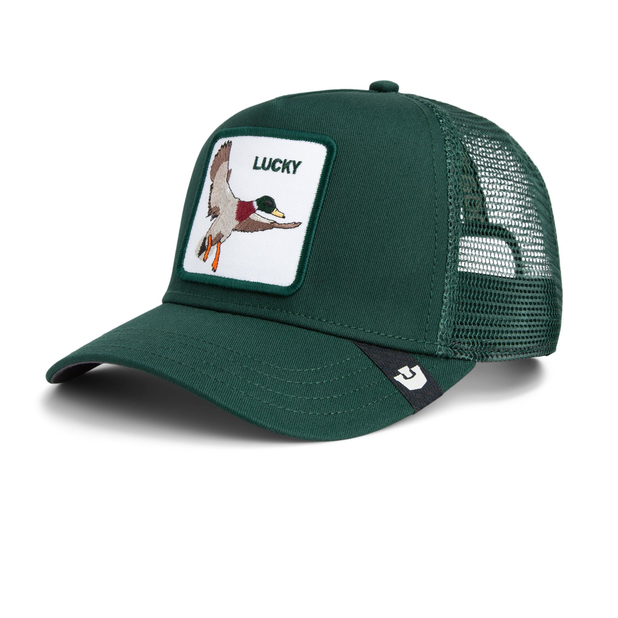 Dark green Goorin Bros trucker hat with mesh back featuring embroidered duck patch labeled LUCKY on front panel

