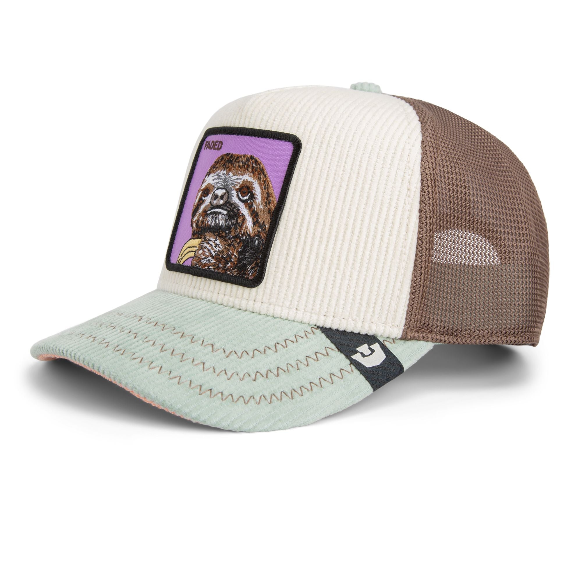 Goorin Bros Faded Sloth Trucker Hat in cream and brown corduroy with embroidered sloth patch
