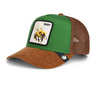 Goorin Bros Busy Bee Trucker Hat in green and brown corduroy with embroidered bee patch