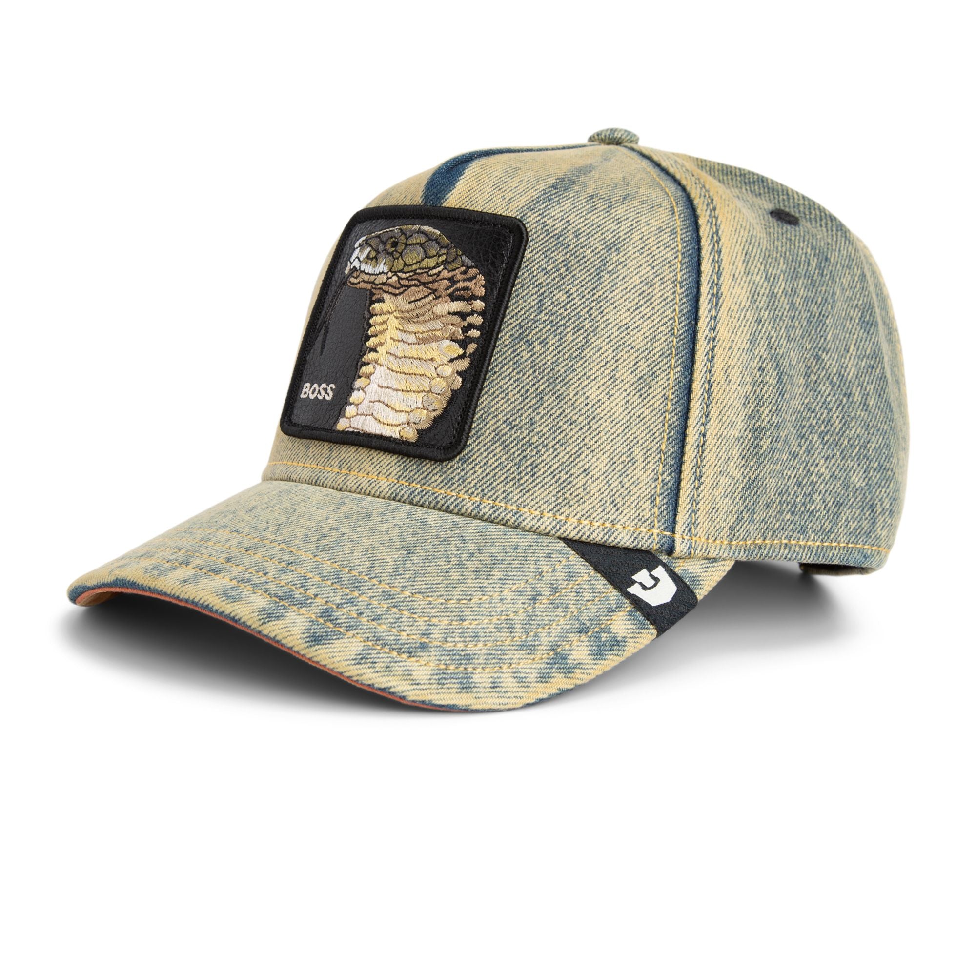 Goorin Bros Boss Cobra Trucker Hat with denim wash and embroidered snake patch
