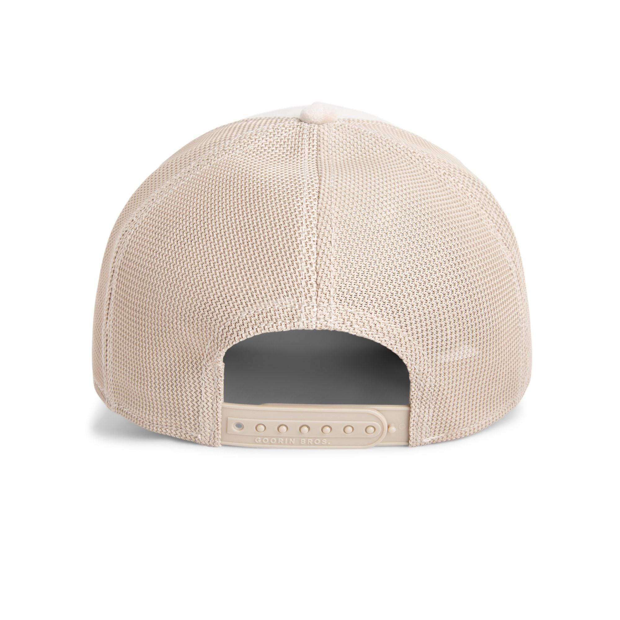 Beige Goorin Bros trucker hat with mesh back featuring embroidered Doberman patch labeled BEWARE on front panel

