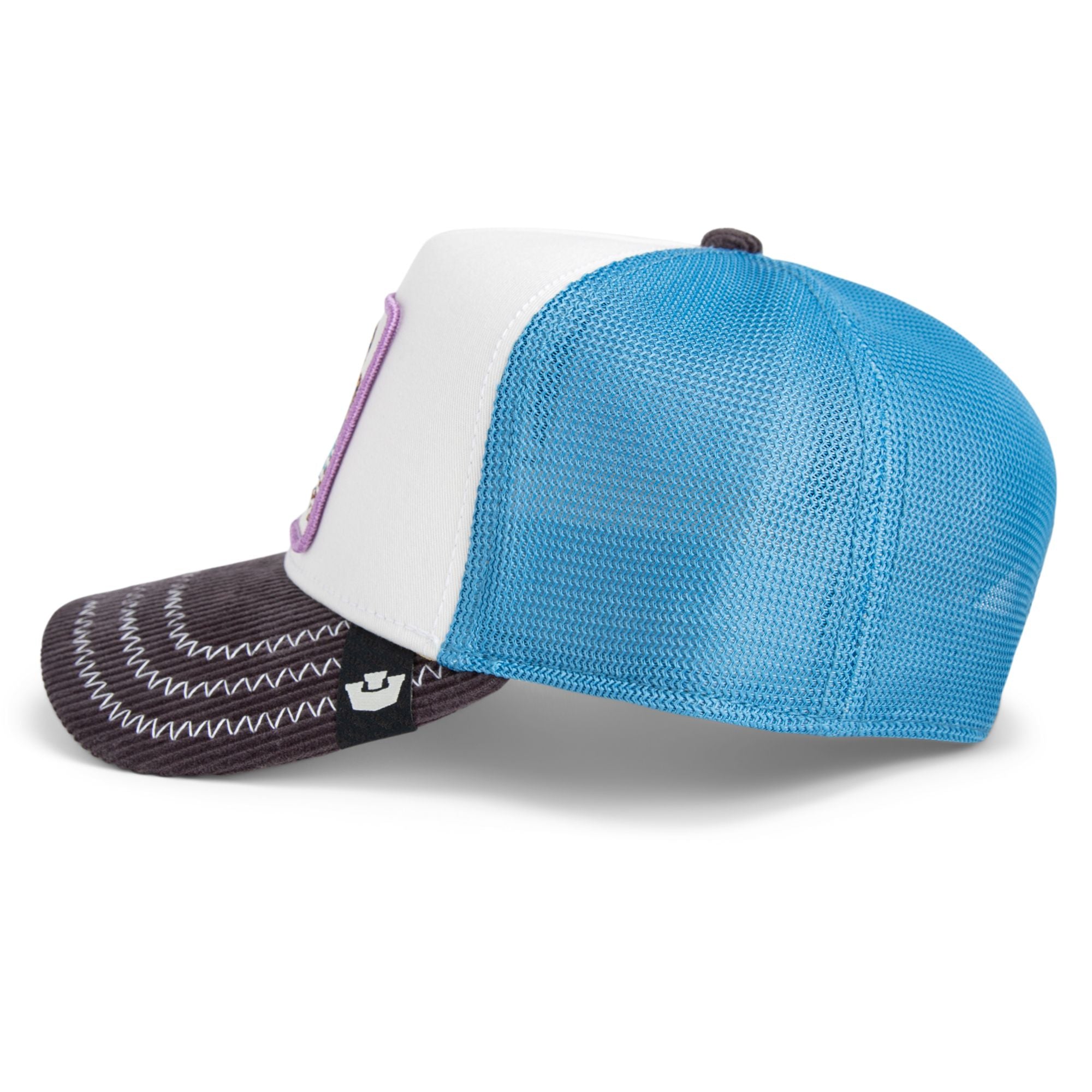 White and blue Goorin Bros trucker hat with grey brim featuring embroidered butterfly patch labeled SOCIAL on front panel
