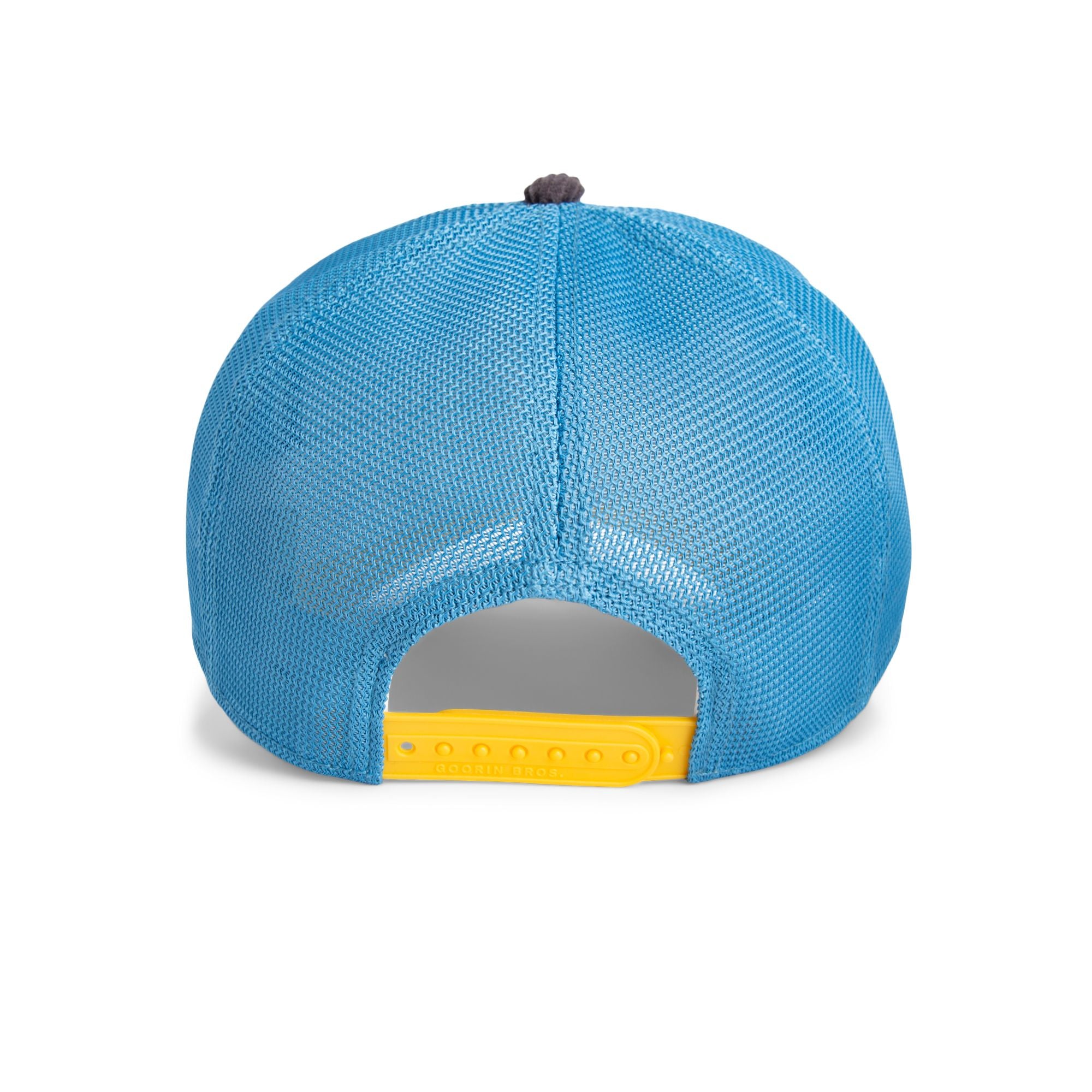 White and blue Goorin Bros trucker hat with grey brim featuring embroidered butterfly patch labeled SOCIAL on front panel
