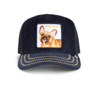 Goorin Bros High Class French Bulldog Trucker Hat in navy corduroy with embroidered dog patch
