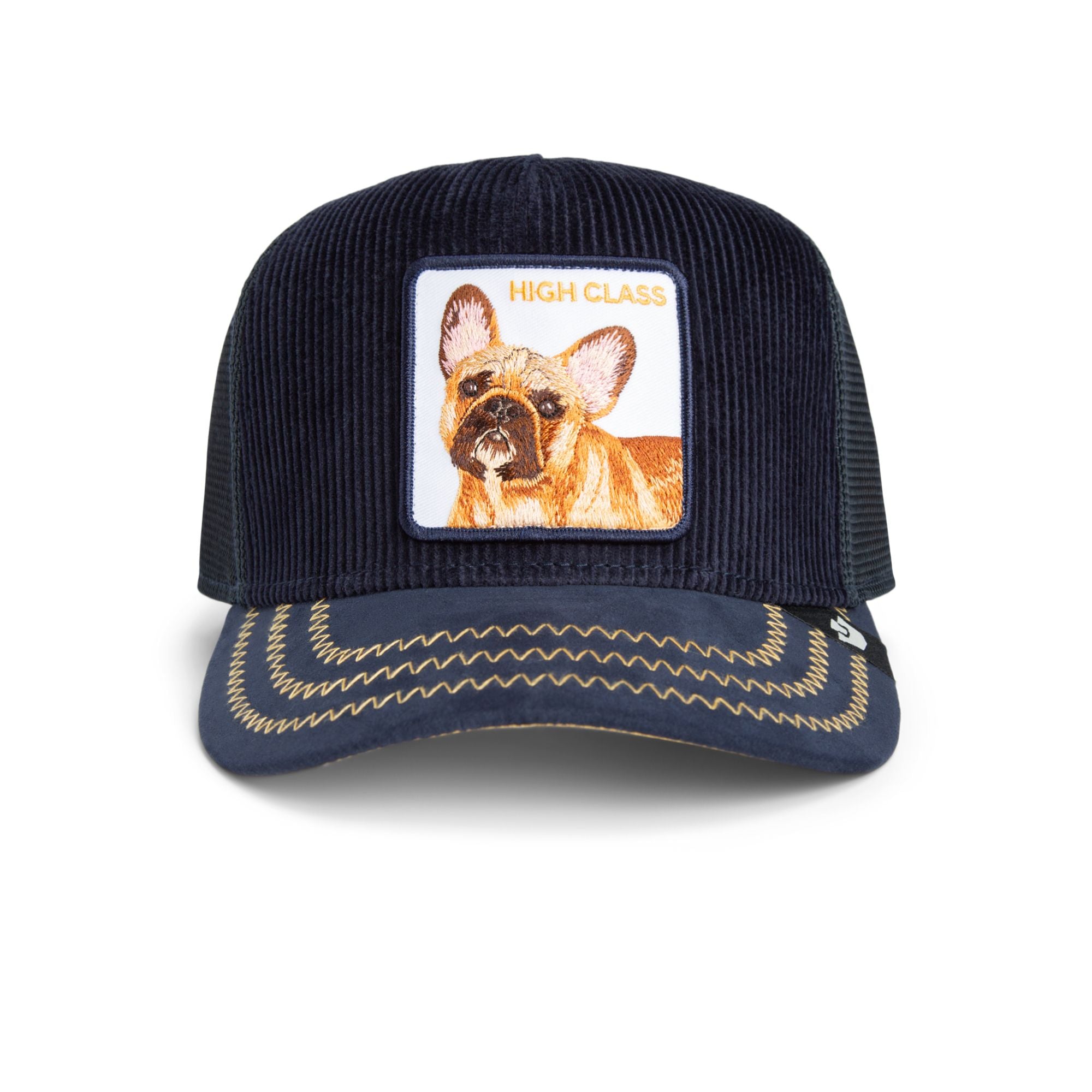 Goorin Bros High Class French Bulldog Trucker Hat in navy corduroy with embroidered dog patch
