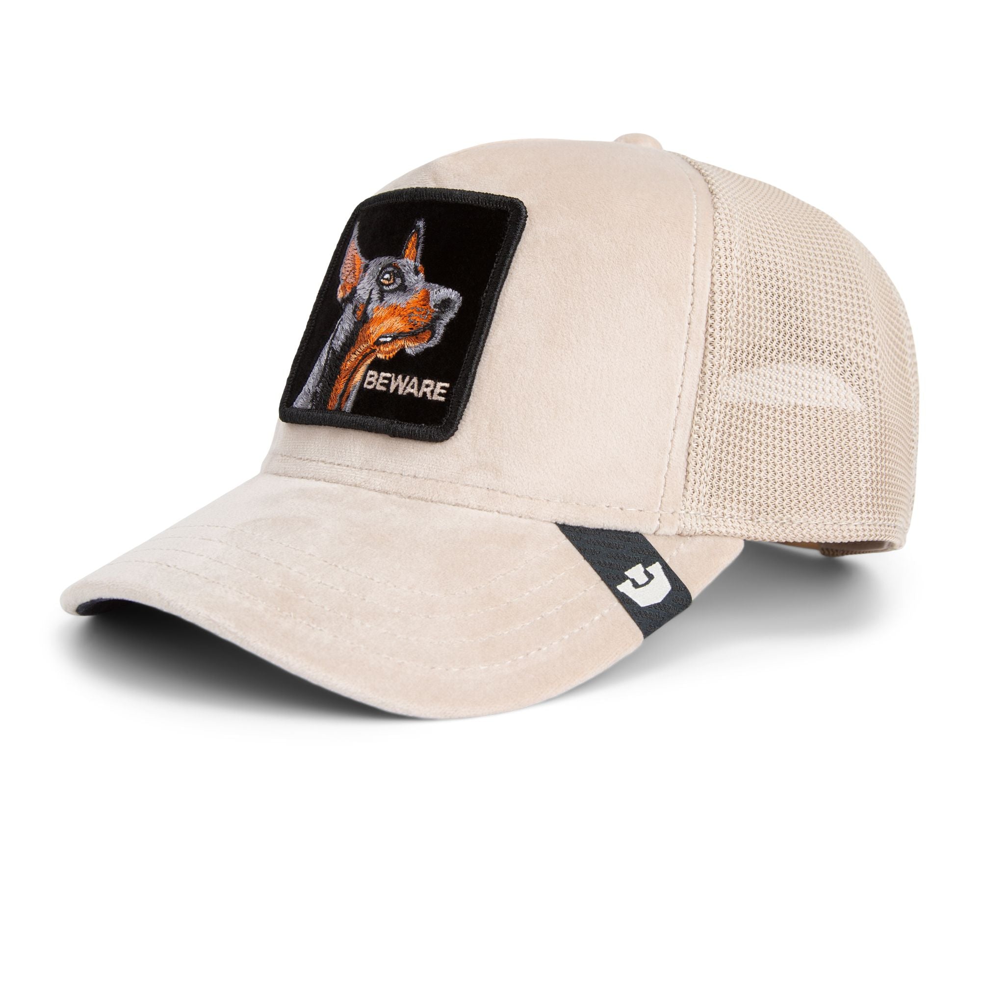 Beige Goorin Bros trucker hat with mesh back featuring embroidered Doberman patch labeled BEWARE on front panel
