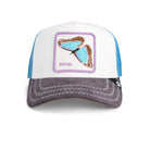 White and blue Goorin Bros trucker hat with grey brim featuring embroidered butterfly patch labeled SOCIAL on front panel

