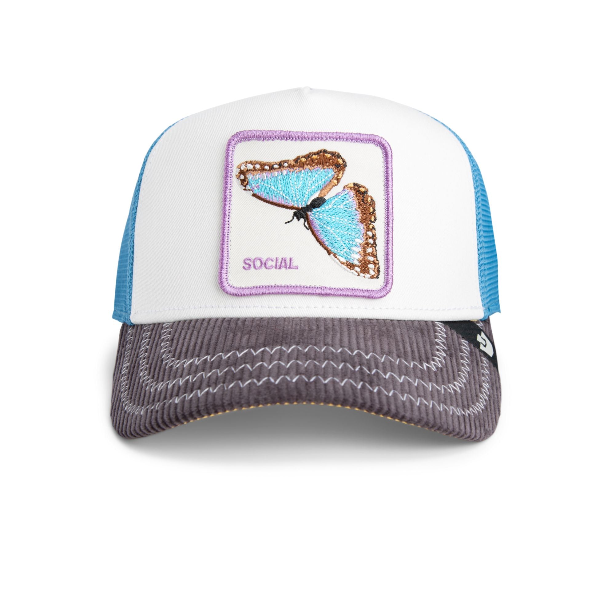 White and blue Goorin Bros trucker hat with grey brim featuring embroidered butterfly patch labeled SOCIAL on front panel
