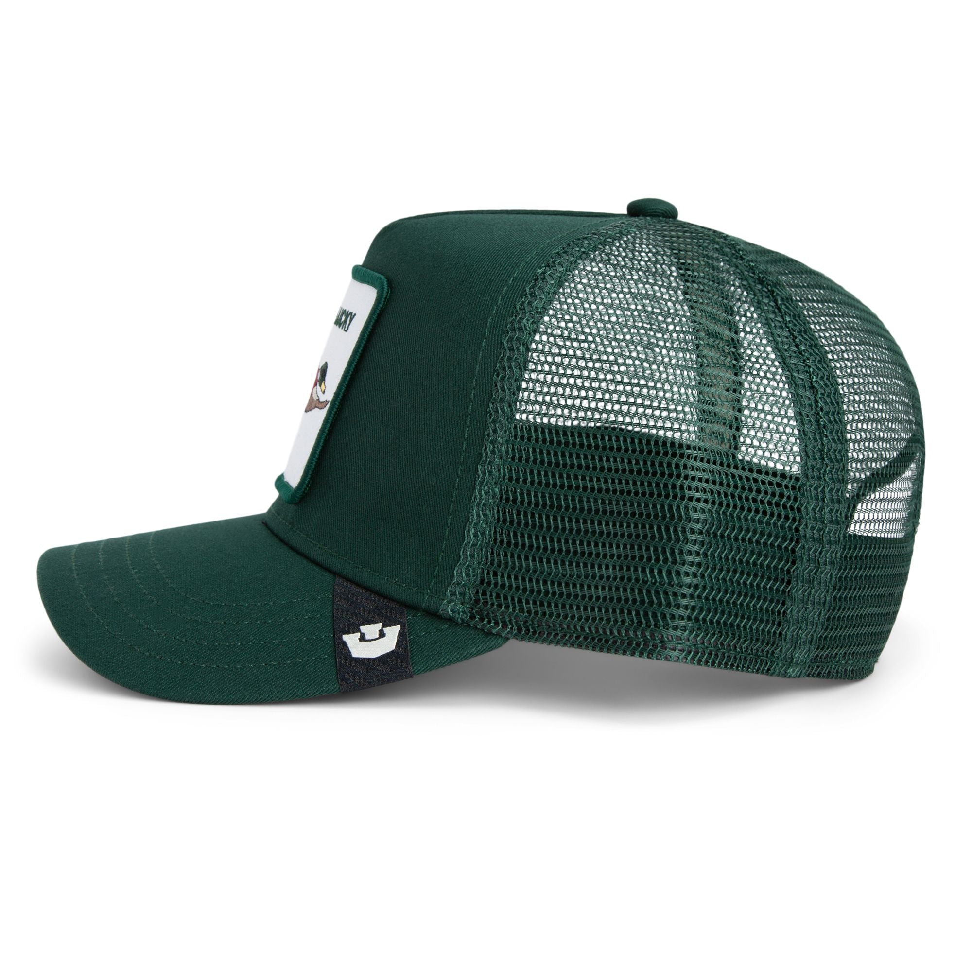 Dark green Goorin Bros trucker hat with mesh back featuring embroidered duck patch labeled LUCKY on front panel
