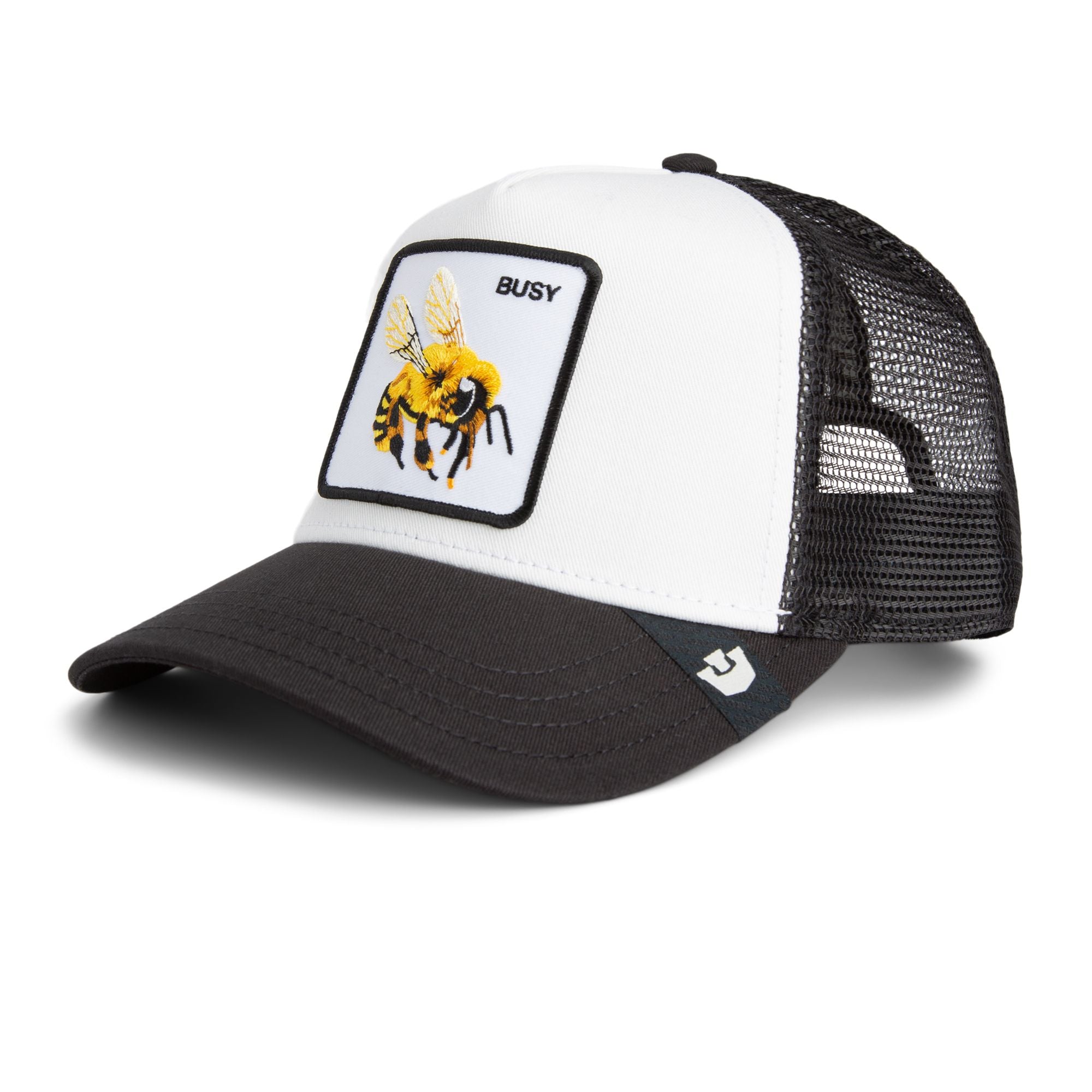 Goorin Bros Busy Bee Trucker Hat in black and white with embroidered bee patch
