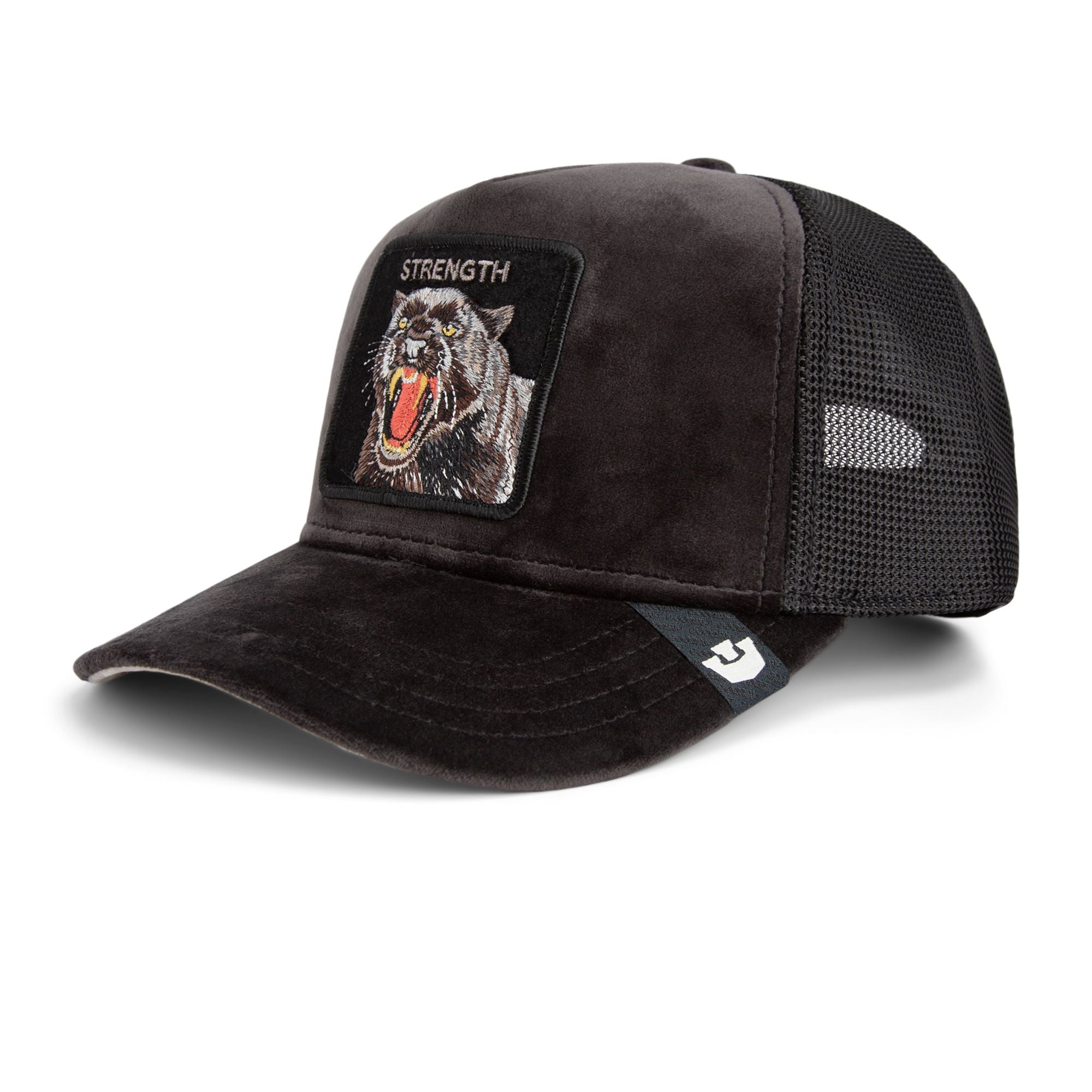 Goorin Bros Strength Panther Trucker Hat in black with embroidered panther patch
