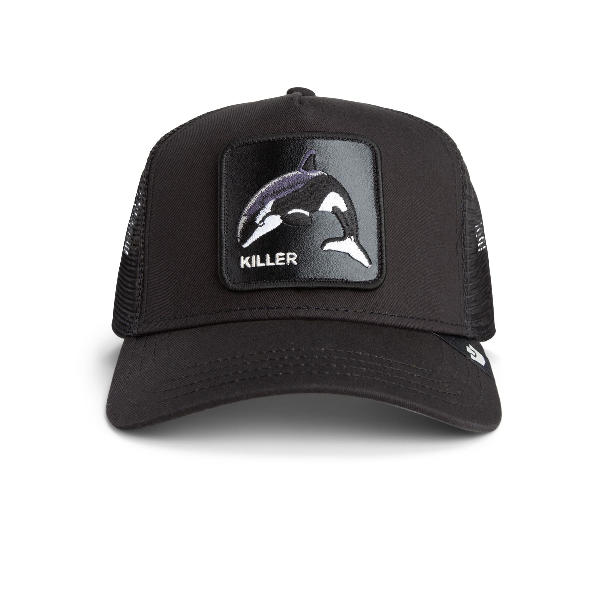 Goorin Bros Killer Whale Trucker Hat in black with embroidered orca patch
