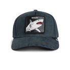 Navy blue Goorin Bros trucker hat featuring embroidered shark patch labeled SHARK on front panel
