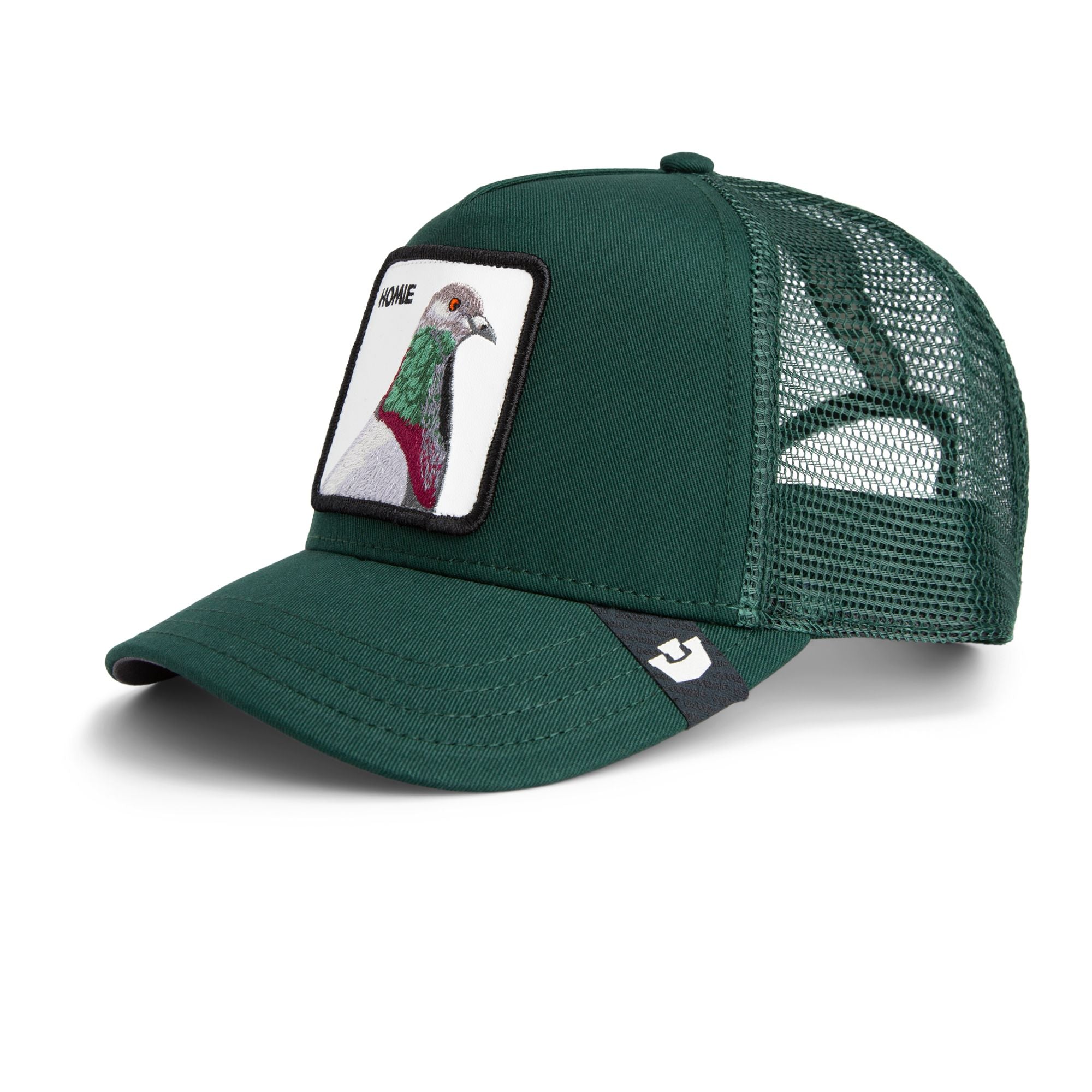 Dark green trucker cap with mesh back featuring embroidered pigeon patch labeled HOMIE on front panel
