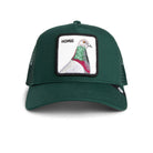 Dark green trucker cap with mesh back featuring embroidered pigeon patch labeled HOMIE on front panel
