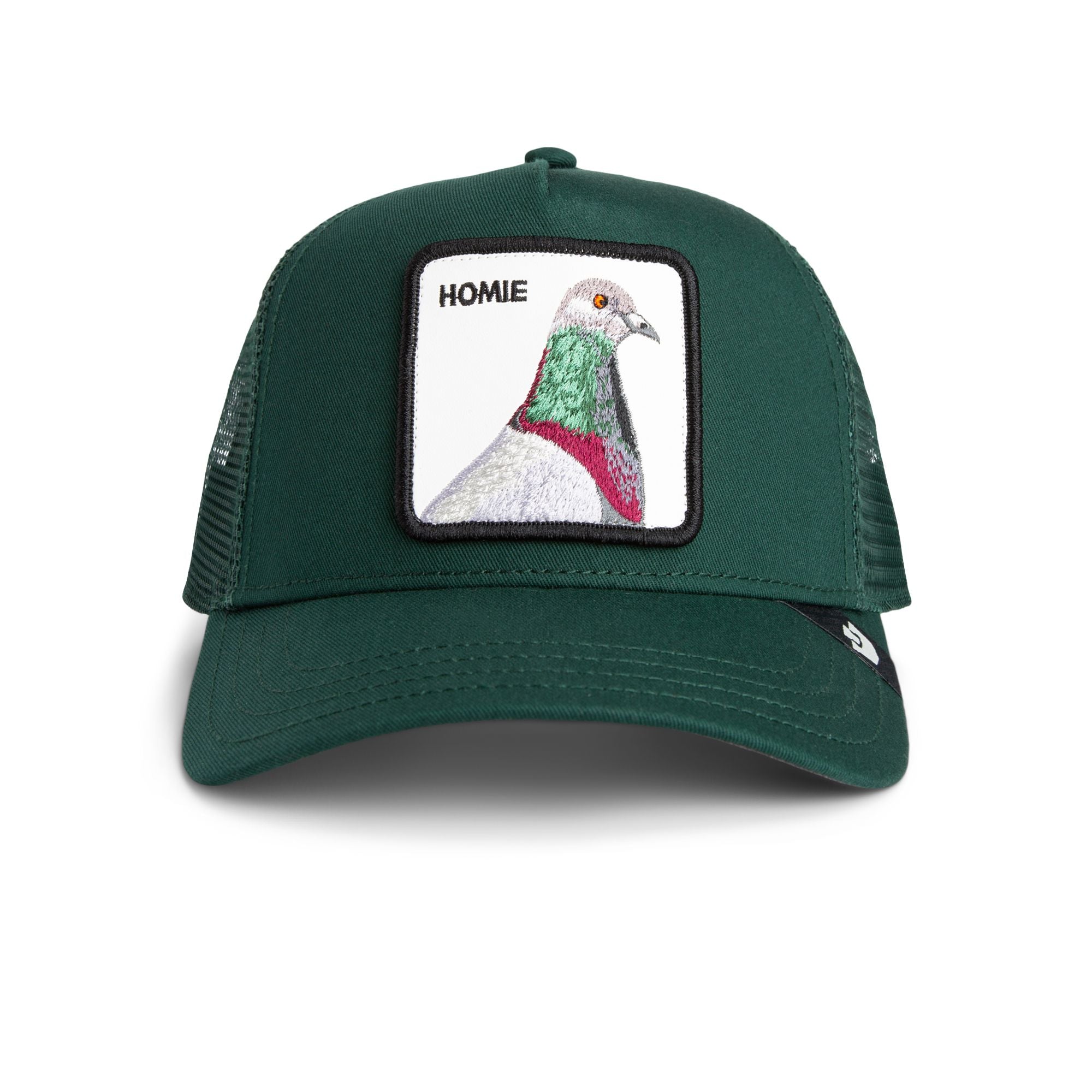 Dark green trucker cap with mesh back featuring embroidered pigeon patch labeled HOMIE on front panel
