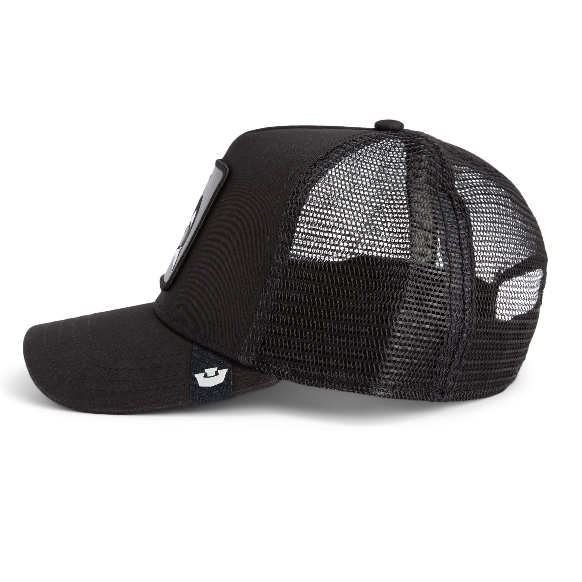 Goorin Bros Killer Whale Trucker Hat in black with embroidered orca patch
